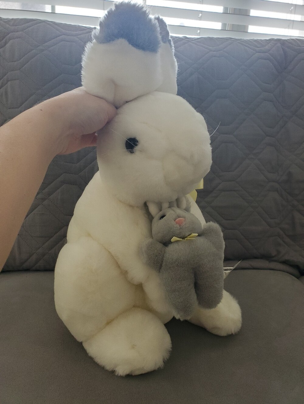 Vintage 1990 Commonwealth Toy Mother Bunny holding Baby Rabbit Plush Set